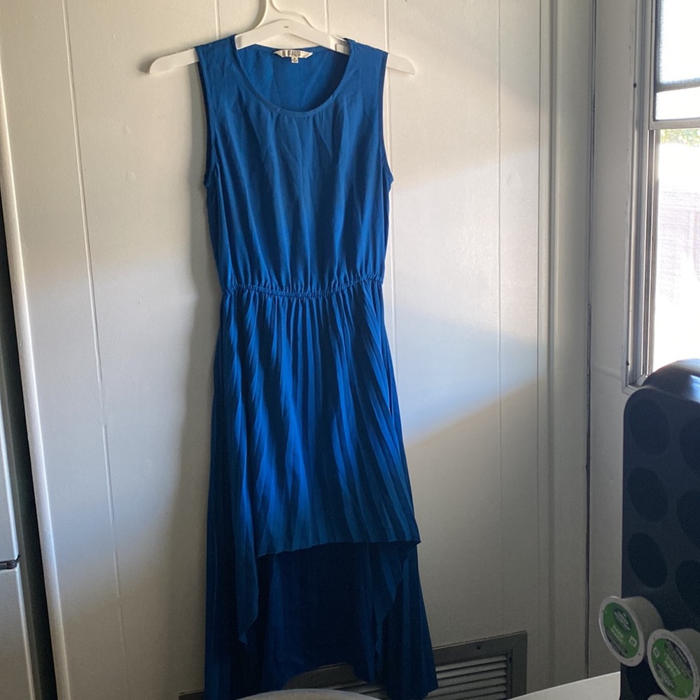Blue pleated high low dress with banded waist